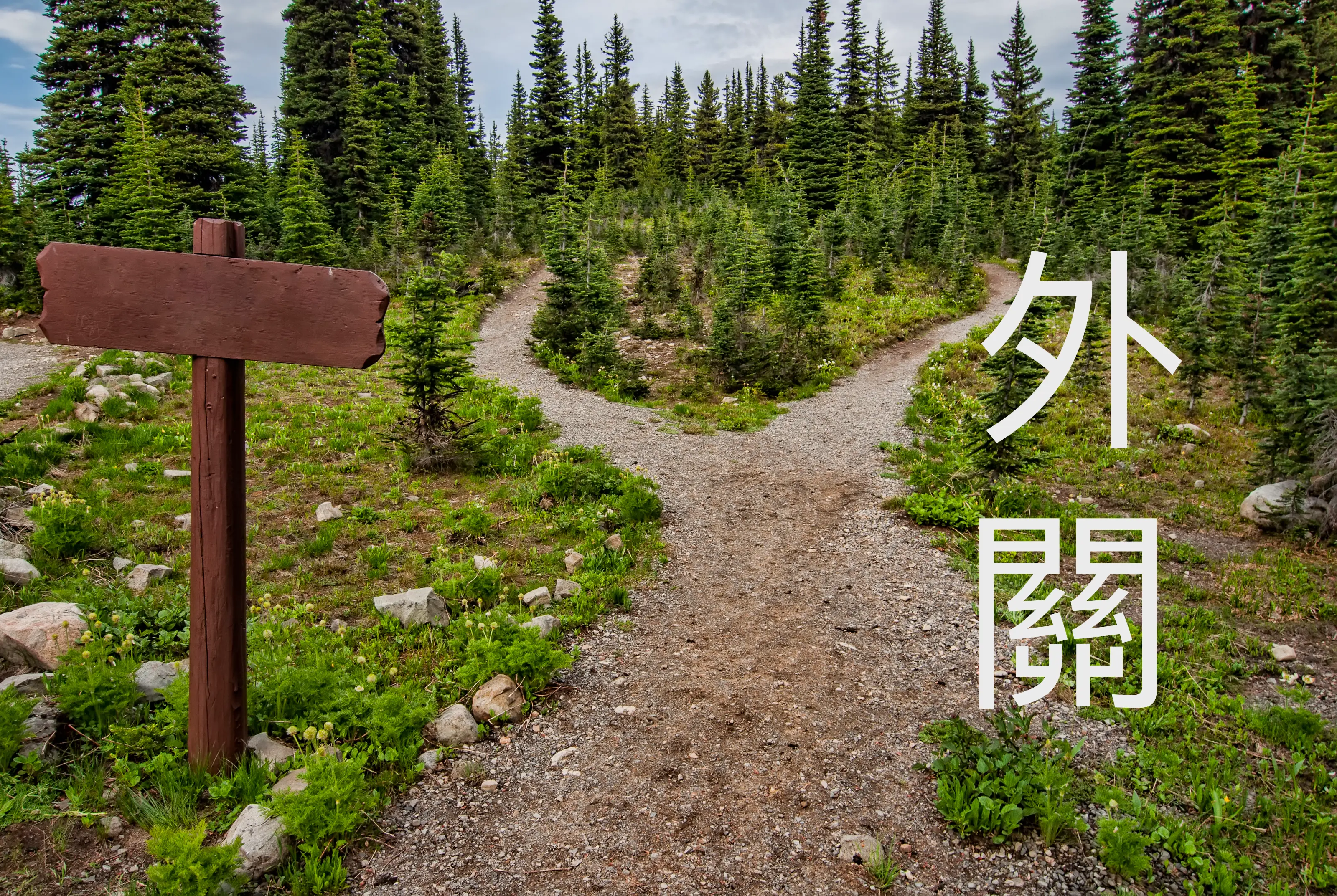 Pathway surrounded by fir trees (Designed by Freepik) with the Chinese characters 外關